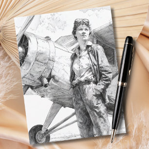 Cartão Postal Retrato de Piloto Feminino Esboço Diversão Avião A