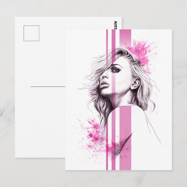 Cartão Postal Retrato de tinta feminina, ilustração de moda rosa (Frente/Verso)