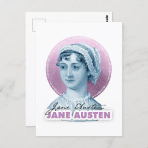 Cartão Postal Retrato e assinatura de Jane Austen rosa