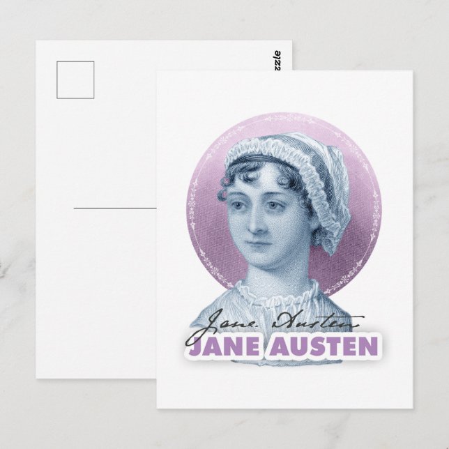 Cartão Postal Retrato e assinatura de Jane Austen rosa (Frente/Verso)