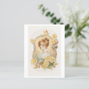 Cartão Postal Retrato feminino enquadrado com rosas amarelas