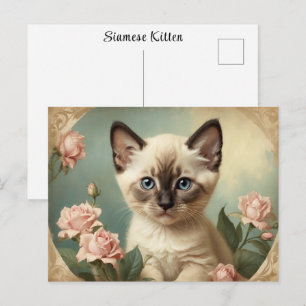 Cartão Postal Retrato Fofo de Gatinho Siamês Antigo Flores Doce