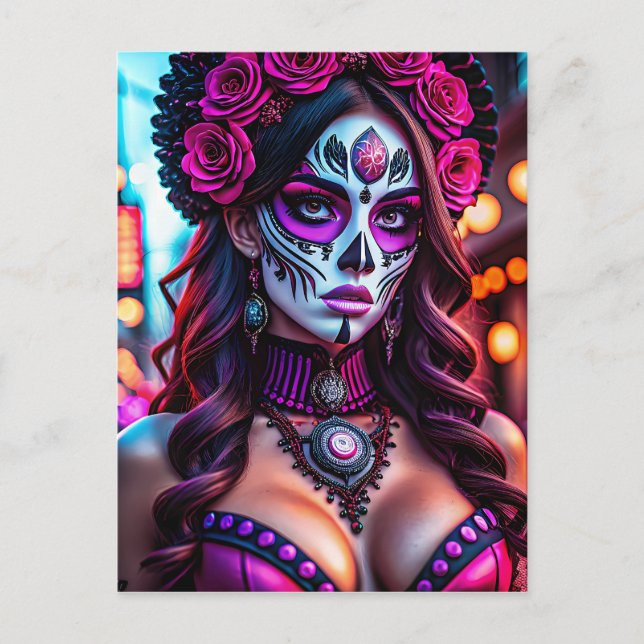 Cartão Postal Retrato Glamorous Día de los Muertos Catrina com (Frente)