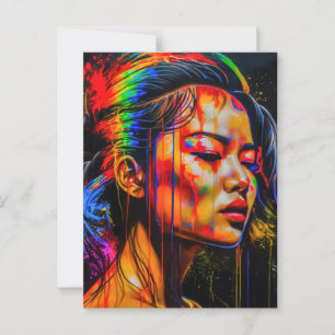 Cartão Postal Retrato Neon Vibrante - Arte Expressionista Abstra