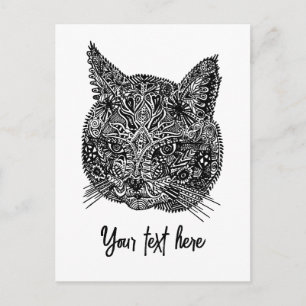 Cartão Postal Retrato Ornamental de Gato Negro e Branco