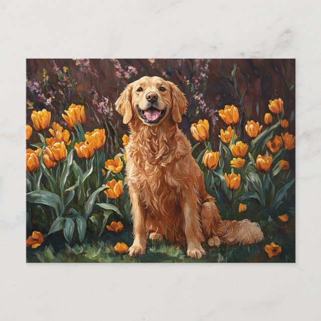 Cartão Postal Retriever de Ouro Bonito em um Jardim de Tulip (Frente)