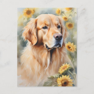 Cartão Postal Retriever e girassol do Ouro de pintura a aquarela