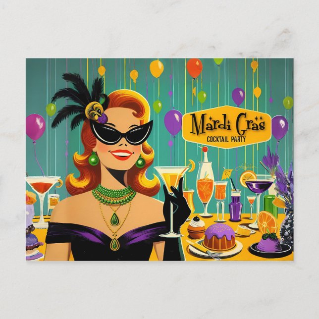 Cartão Postal Retro 50s Mardi Gras Martini Cocktail Party (Frente)