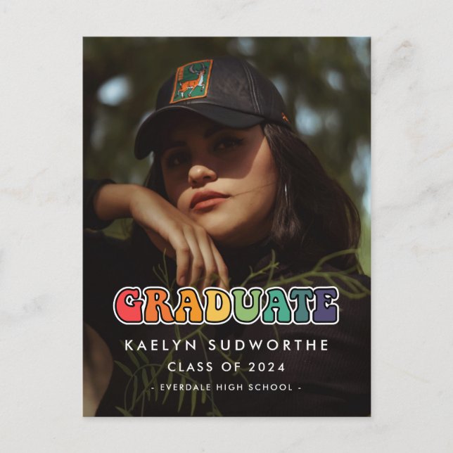 Cartão Postal Retro 60 anos hippie — anúncio de fotos da graduaç (Frente)