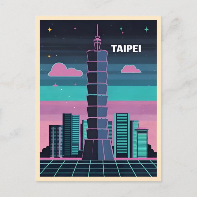 Cartão Postal Retro 80s Neon Synthwave Taipei 101 Taiwan (Frente)