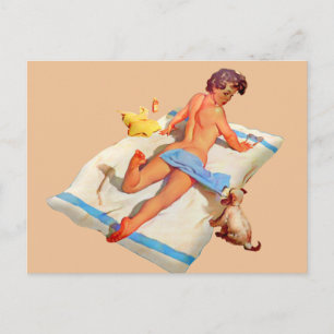 CARTÃO POSTAL RETRO BEACH GIRL SUN BATHING