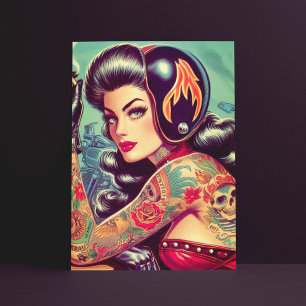 Cartão Postal Retro Biker Girl