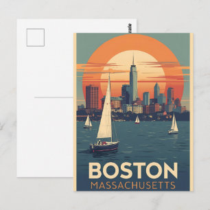 Cartão Postal Retro Boston Skyline & Sailcraft   Massachusetts