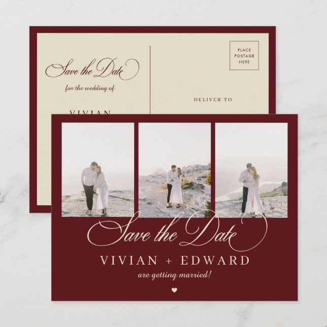 Cartão Postal Retro Burgundy Ivory 3 Photo Collage Save The Date (Frente/Verso)