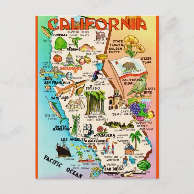 Cartão Postal Retro California Map Postcard (Frente)