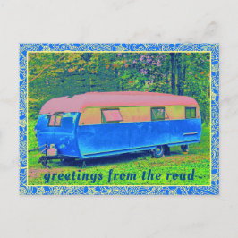 Cartão Postal Retro Camping Trailer com Vintage Floral Frame