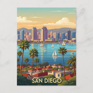 Cartão Postal Retro da paisagem costeira de San Diego, Califórni