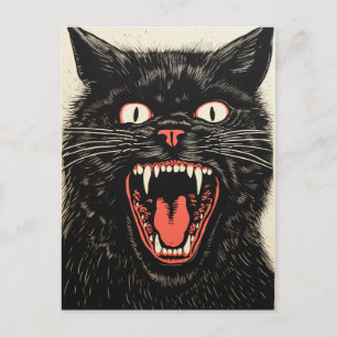 Cartão Postal Retro de Gato Preto Assustador e Irritado