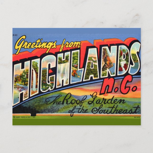Cartão postal retrô de Highlands NC (Frente)