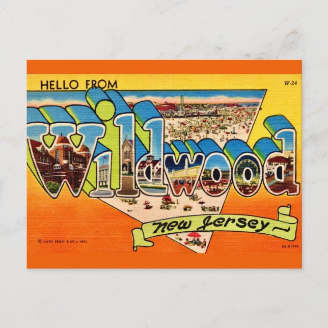 Cartão postal retrô de Wildwood NJ (Frente)