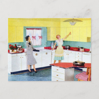 Cartão Postal Retro Famílias em Cozinha