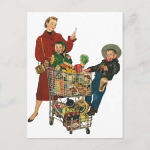 Cartão Postal Retro Family, Mom and Kids, Cart Grocery Shopping