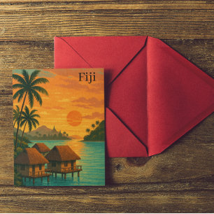 Cartão Postal Retro Fiji Tropical Ocean Bungalows Sunset View
