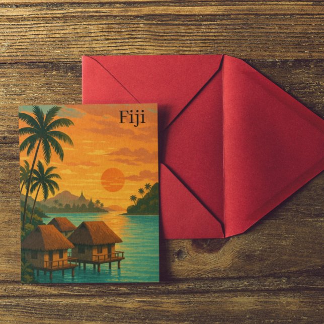 Cartão Postal Retro Fiji Tropical Ocean Bungalows Sunset View (Retro Fiji Tropical Ocean Bungalows Sunset View Postcard)