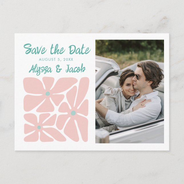 Cartão Postal Retro Floral Photo Wedding Save the Date (Frente)