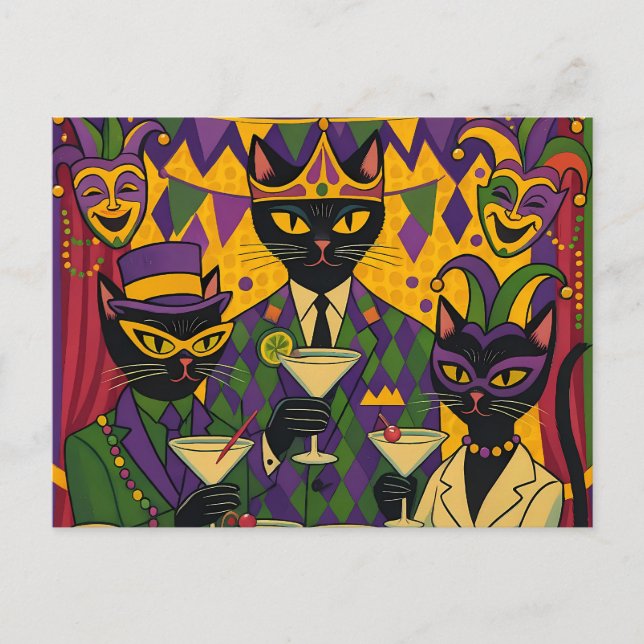 Cartão Postal Retro Futuristic Mardi Gras Black Cat Martini Club (Frente)