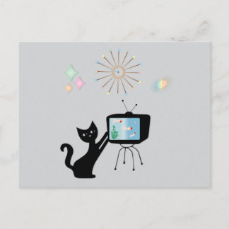 CARTÃO POSTAL RETRÔ GATO ATÔMICO & TV ANTIGA