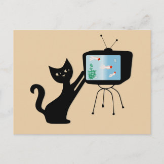 CARTÃO POSTAL RETRÔ GATO ATÔMICO & TV ANTIGA