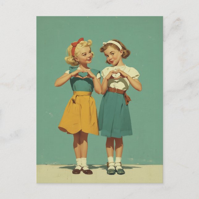 Cartão Postal Retro Girls Sharing Heartfelt Joy (Frente)