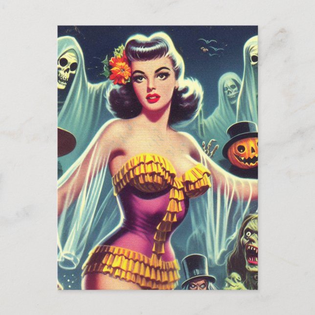 Cartão Postal Retro Halloween Girl (Frente)
