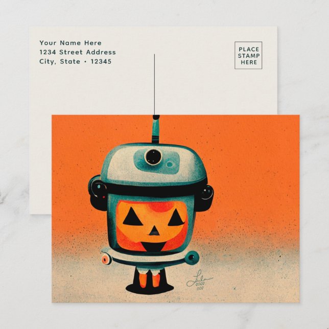 Cartão Postal Retro Halloween Robot 002 ・ Bela Arte Personalizad (Frente/Verso)