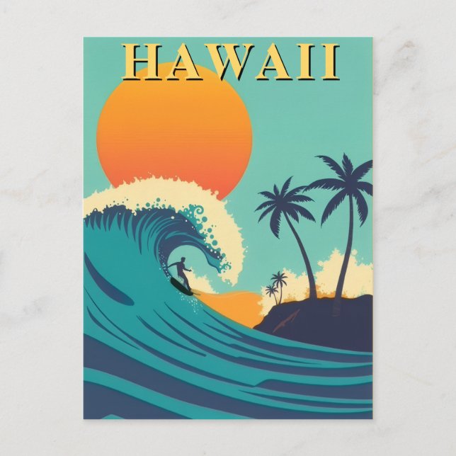 Cartão Postal Retro Hawaii Surfing Sunset & Waves Viagem (Frente)