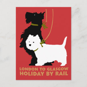 Cartão Postal Retro London e Glasgow de trem, cachorros aterrori