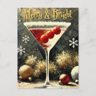 Cartão Postal Retro Martini de Natal de Cranberry Triplo dos Ano