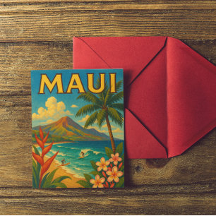 Cartão Postal Retro Maui Hawaii Surfer Paradise Viagem