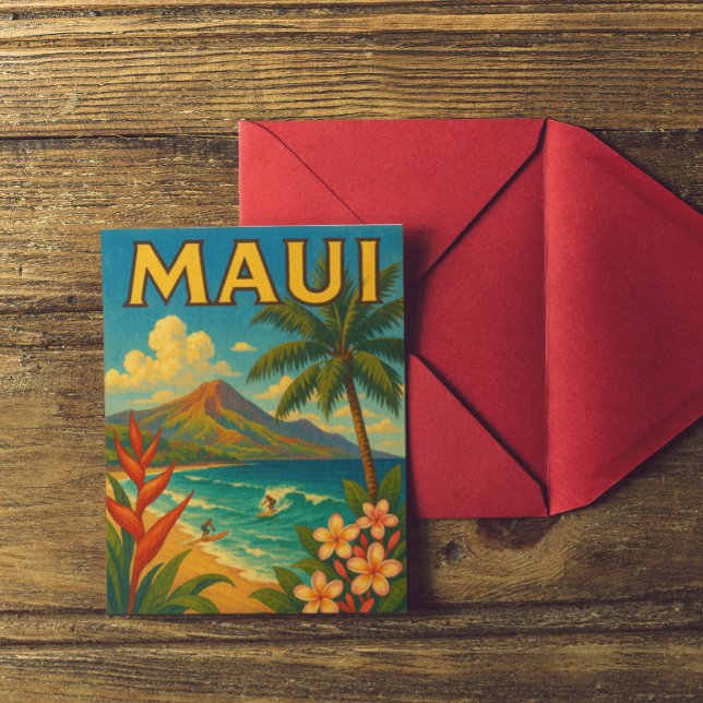 Cartão Postal Retro Maui Hawaii Surfer Paradise Viagem (tropical maui hawaii postcard)