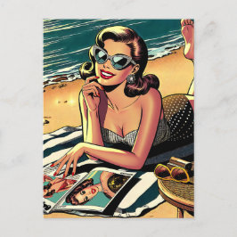 Cartão Postal Retro Mulher na Praia lendo uma Revista Fashion