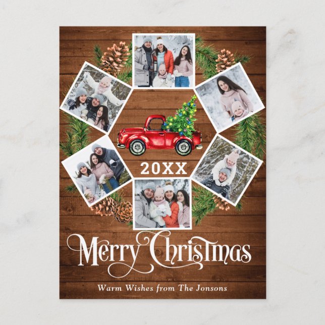 Cartão Postal Retro Natal Caminhão Vermelho Saudação 6 Foto (Frente)