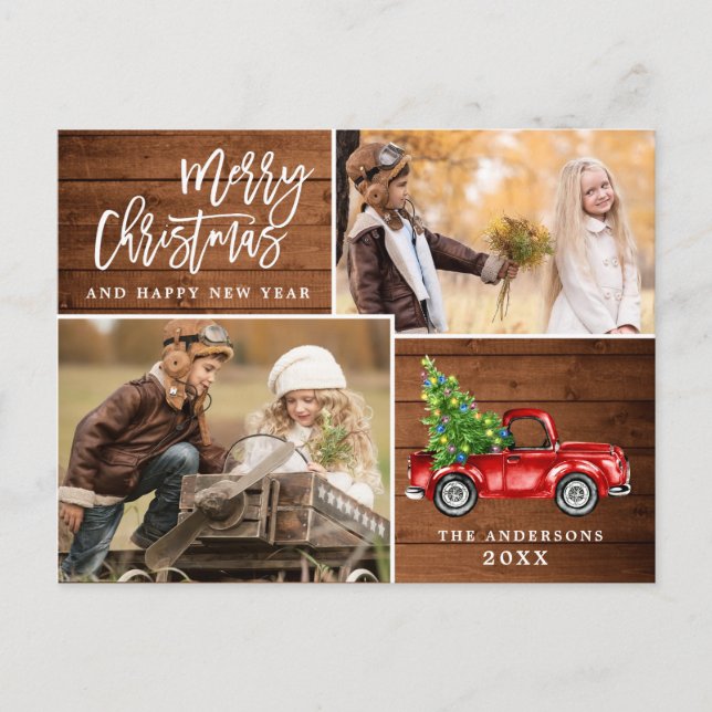 Cartão Postal Retro Natal Red Truck Russo 2 FOTO Saudação (Frente)