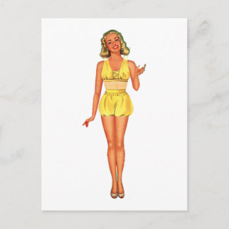 Cartão Postal Retro Paper Doll Lady Dressed in Yellow