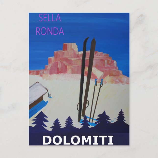 Cartão Postal Retro Poster Dolomés Itália em Sella Ronda (Frente)