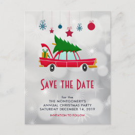 Cartão Postal Retro Red Car e Árvore de Natal Salvar a Data