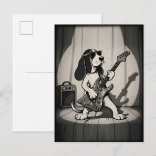 Cartão Postal Retro Rockstar Basset Hound Guitarrista Monocromát