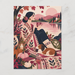 Cartão Postal Retro Rosa Outono Arte Folclórica