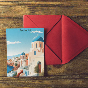 Cartão Postal Retro Santorini Grécia Mediterrâneo Azul e Branco 