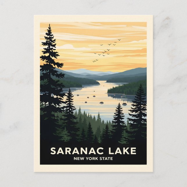 Cartão Postal Retro Saranac Lake | Viagens por Nova York (Frente)